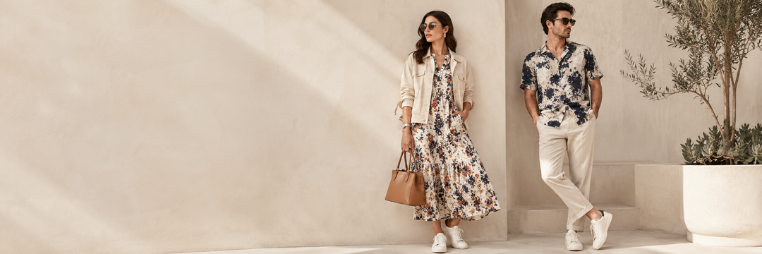 Modern outfit with printed dress jacket handbag and sneakers for online fashion