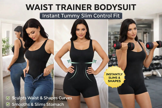 Women’s waist trainer bodysuit showing instant slimming effect and body contouring