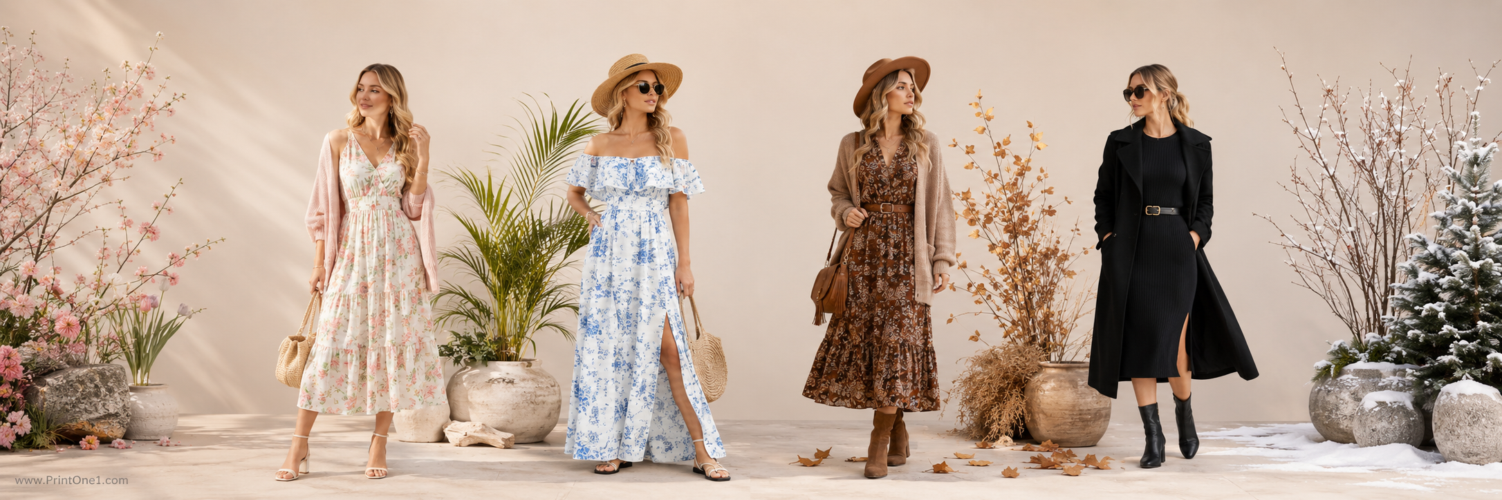 Women's dress outfit with polished accessories and seasonal layering ideas for spring, summer, autumn and winter style guide.