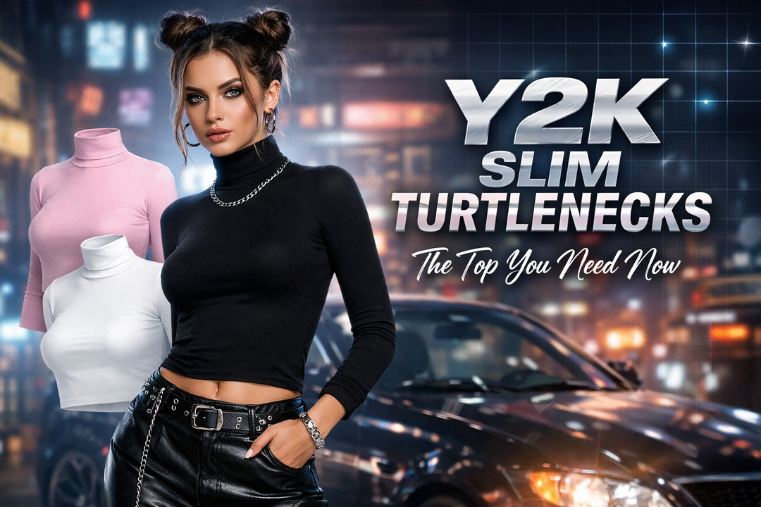 Y2K slim turtleneck styled with high-waisted jeans and white sneakers