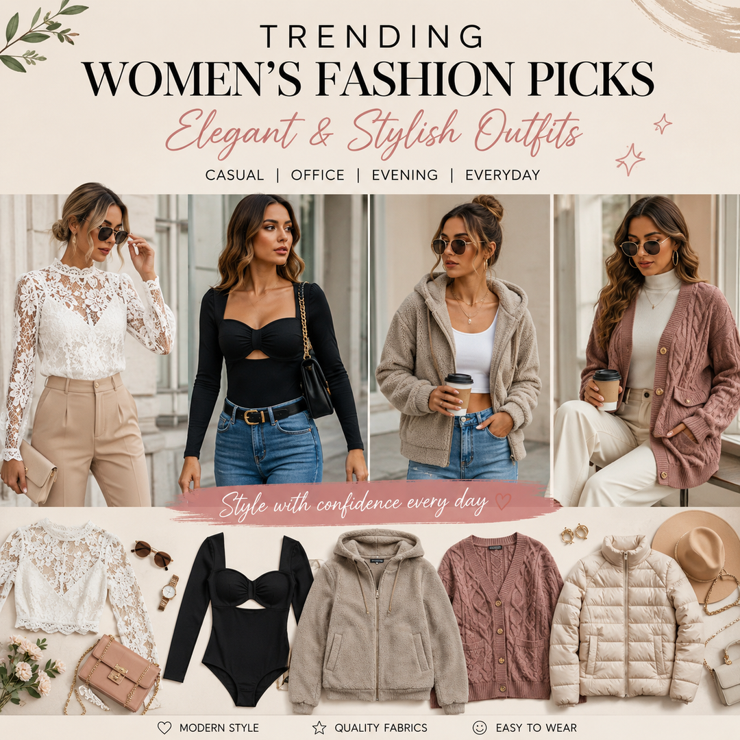 Women’s fashion trends image with cozy cardigan, sleek bodysuit and soft neutral layers