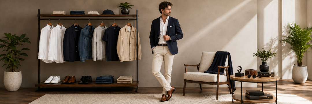 Complete men’s wardrobe guide image with smart casual outfit, chinos, Oxford shoes and classic accessories