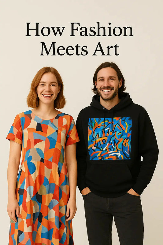 Smiling man and woman wearing bold printed outfits under the phrase 'How Fashion Meets Art'