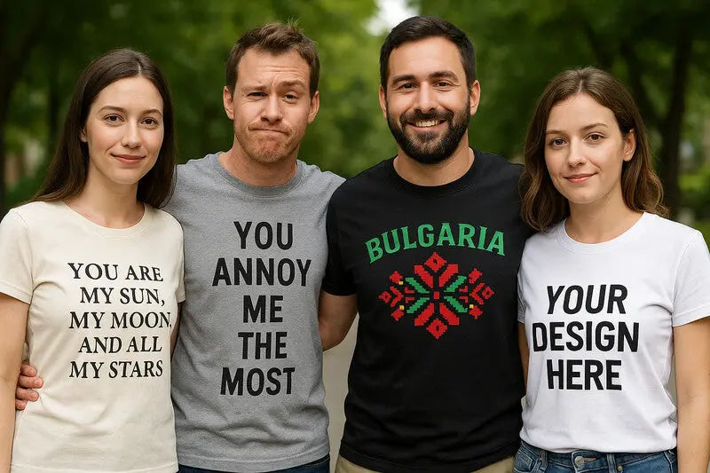 Person wearing a printed T-shirt expressing personal style, with a message that reflects love, humor, culture, or individuality.