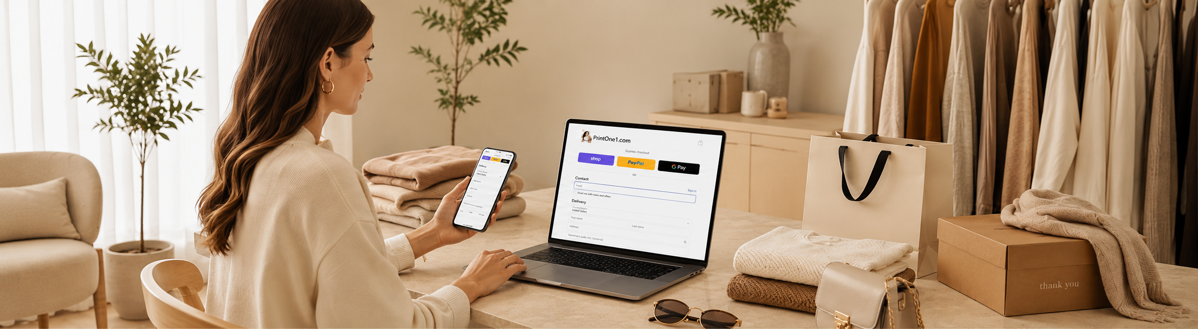 Woman completing secure online checkout for fashion order on laptop and phone