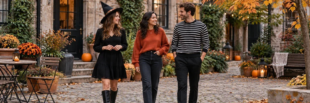 Three friends in black, orange and striped outfits talk in a courtyard with pumpkins and autumn leaves near stone townhouses.