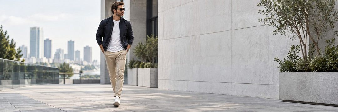 Men wearing simple everyday fashion basics with a dark jacket, white T-shirt, chinos and sneakers in a modern urban setting.