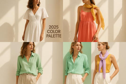 Stylish women’s t-shirt with a vibrant floral design on a white base, paired with jeans and silver sandals, showcasing 2025 summer color trends.