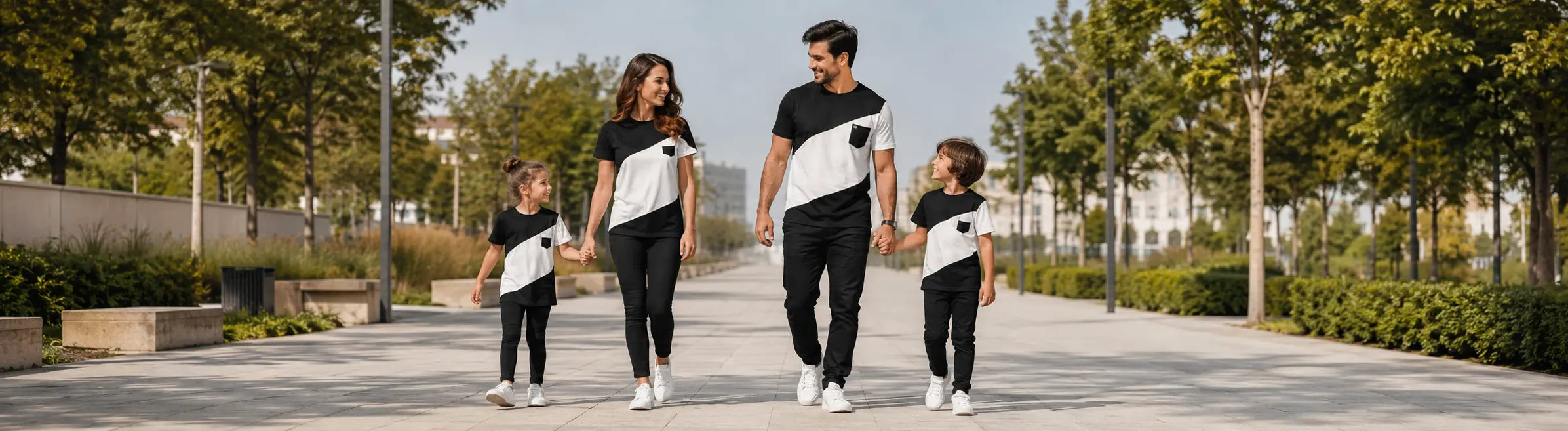 Coordinating family outfits with matching black and white T-shirts for parents and kids walking outdoors in a stylish family look