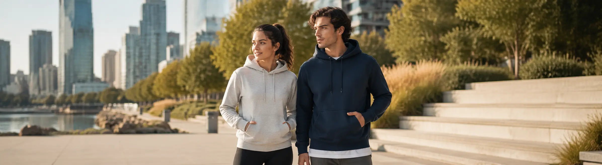 Unisex hoodies in navy and white styled by male and female models in a premium streetwear look