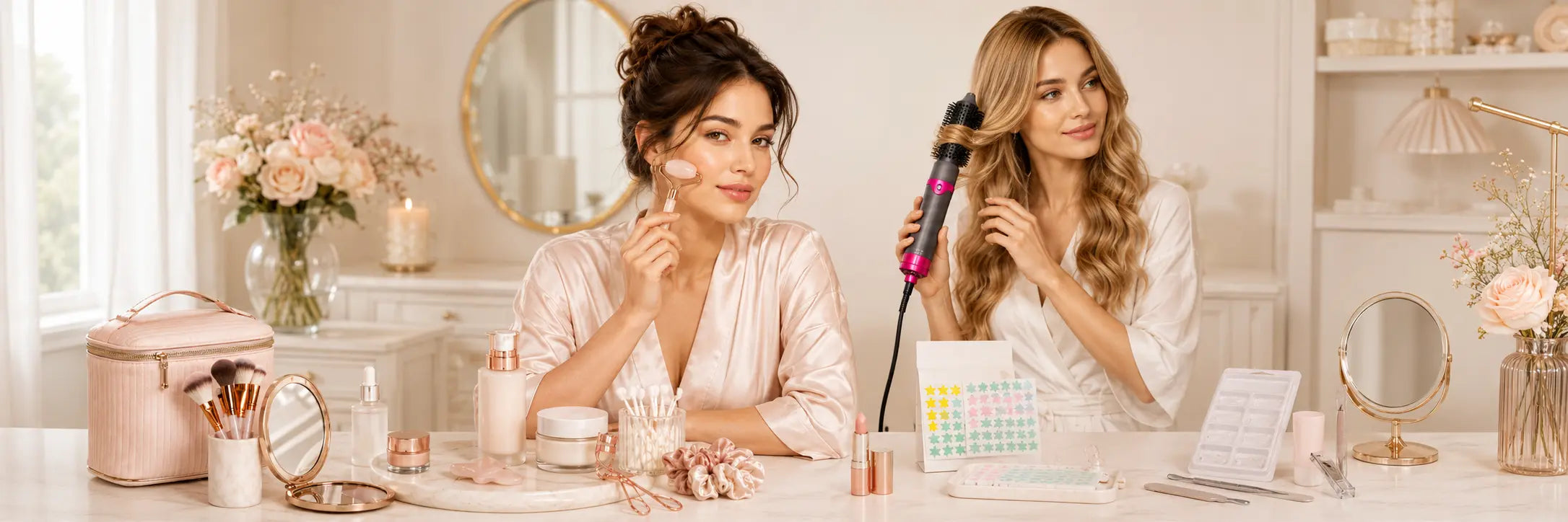 beauty accessories for daily skincare and makeup routine with facial roller, brushes, mirrors and glow essentials on a soft vanity setup