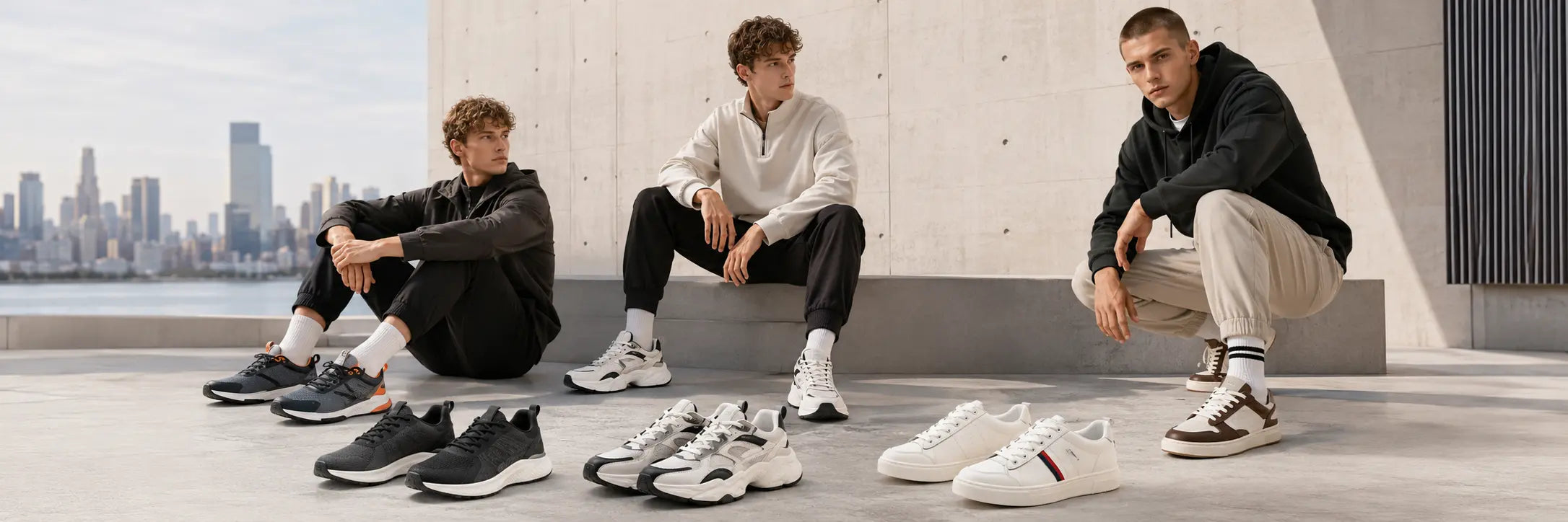 Athletic shoes for men shown in a clean sporty lifestyle outfit