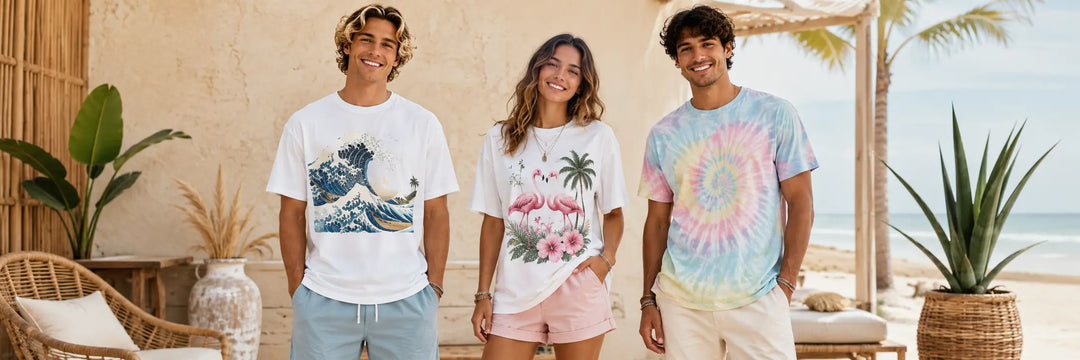 Unisex beach graphic t-shirts styled on a sunny coastal boardwalk with ocean wave and tropical print designs