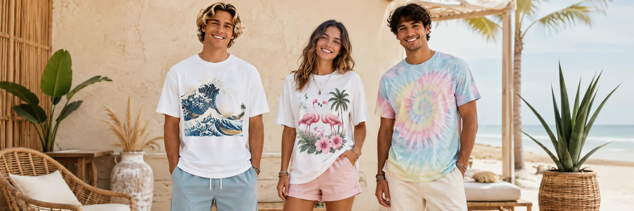 Unisex beach graphic t-shirts styled on a sunny coastal boardwalk with ocean wave and tropical print designs