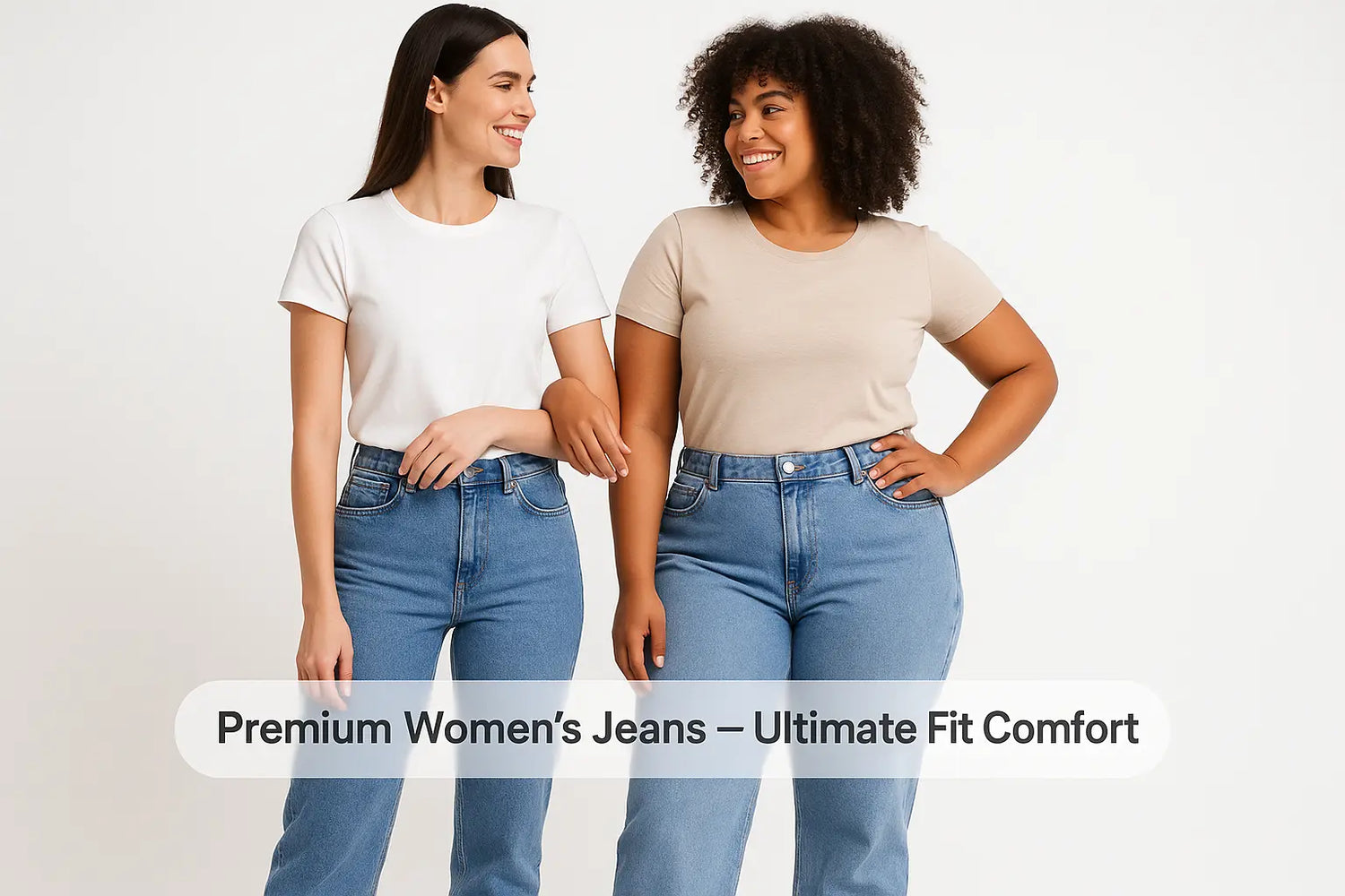 Women wearing stylish blue denim jeans with casual tops