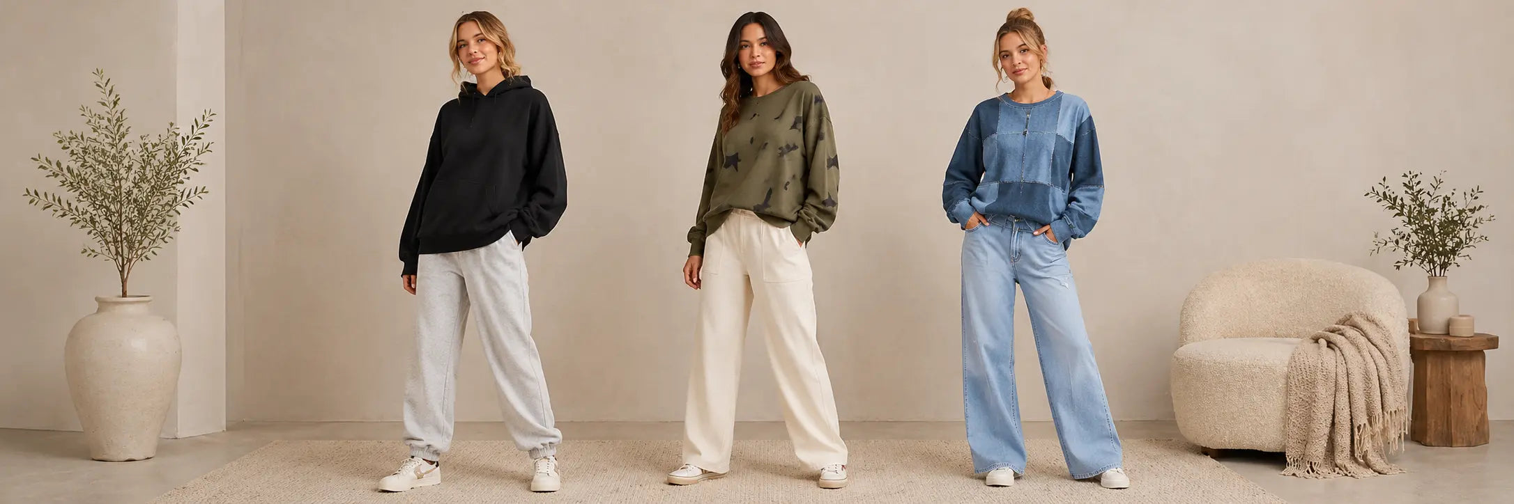 Women’s sweatshirts in cozy oversized fits styled with soft joggers for casual everyday comfort
