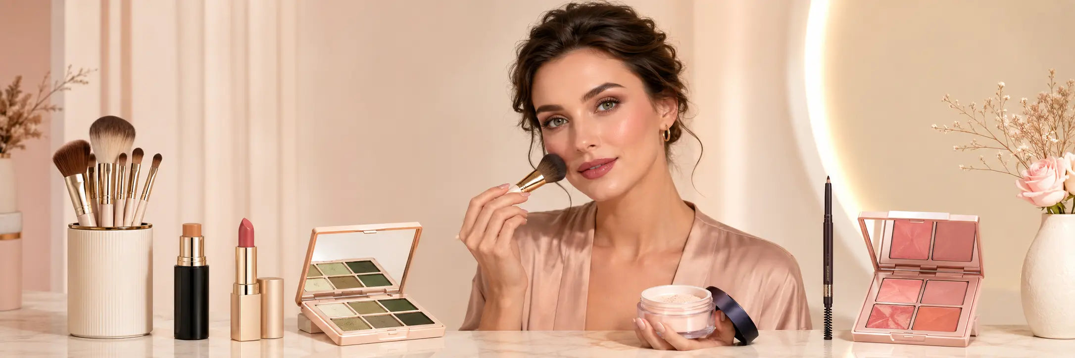 Professional makeup for women with foundation stick, lipstick, makeup brushes, blush palette and setting powder in premium beauty scene