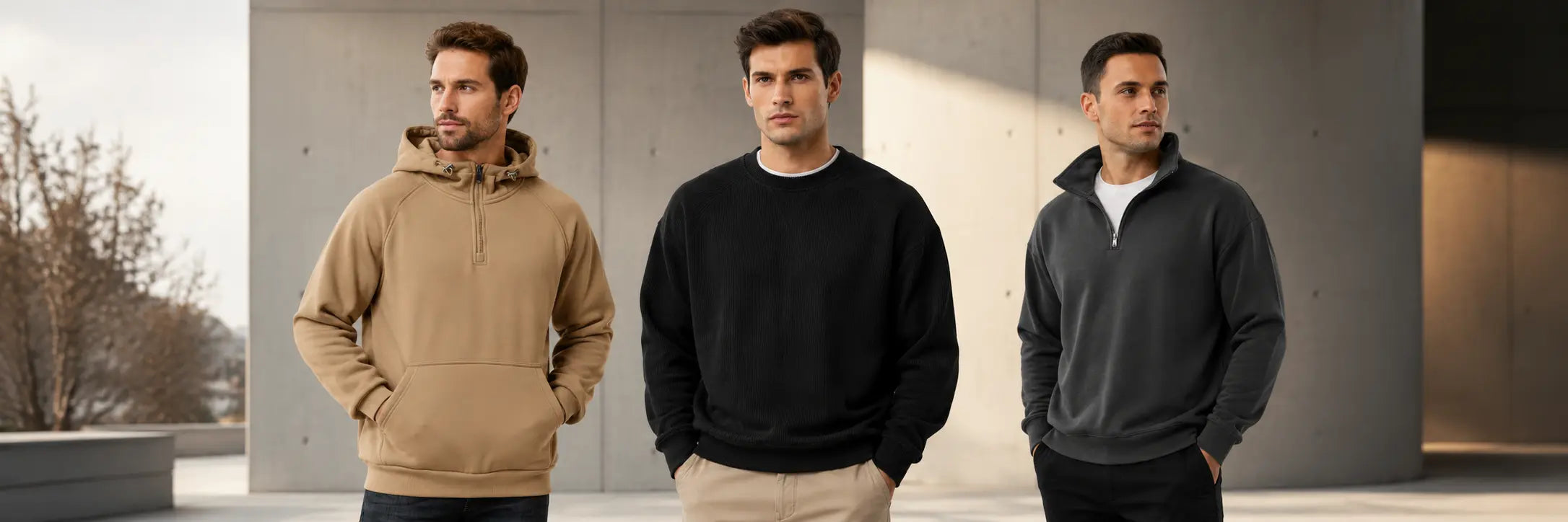 Men’s hoodies and casual sweatshirts in neutral streetwear style for everyday outfits