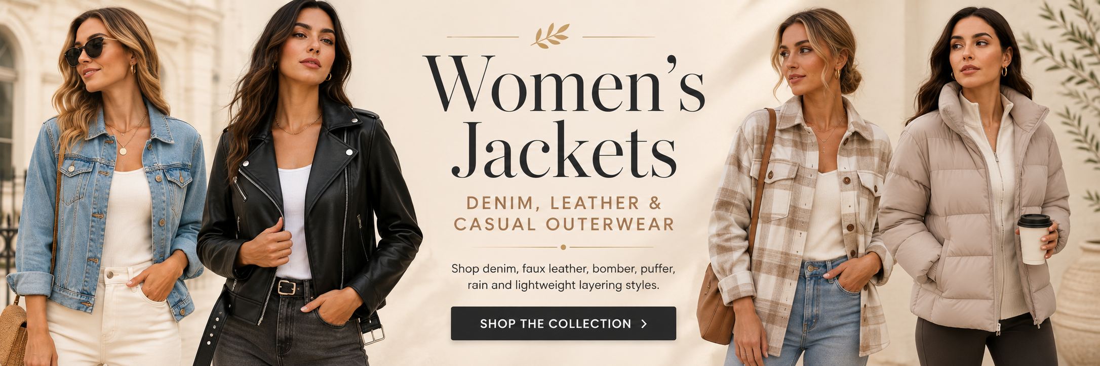 Women's jackets collection banner featuring denim, faux leather and casual outerwear styles