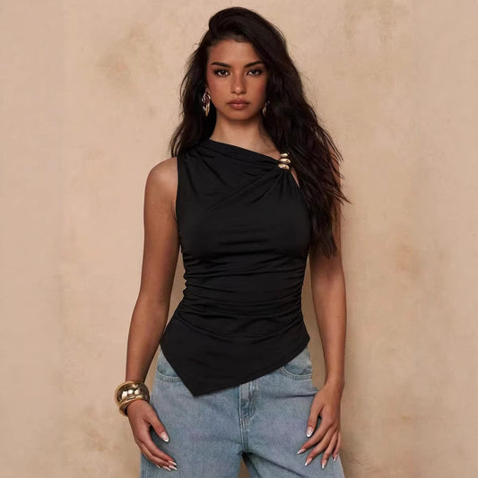 black pleated blouse modern silhouette worn in office setting