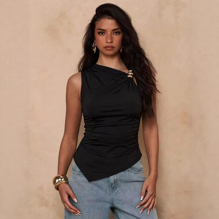 black pleated blouse modern silhouette worn in office setting