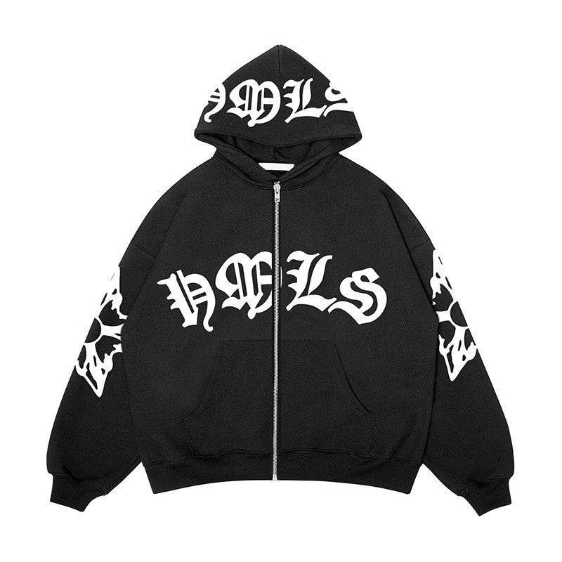 Black Gothic print zip hoodie, front view on a white background