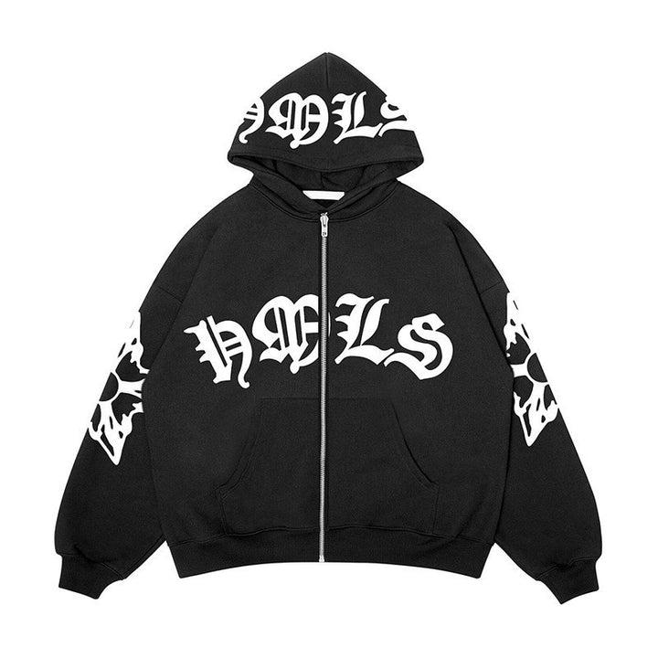Black Gothic print zip hoodie, front view on a white background