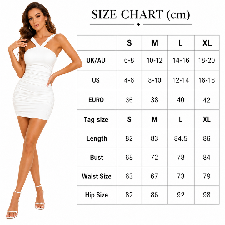 White ruched mini dress back view showing fitted shape, clean straps and smooth polyester knitted fabric for women party wear