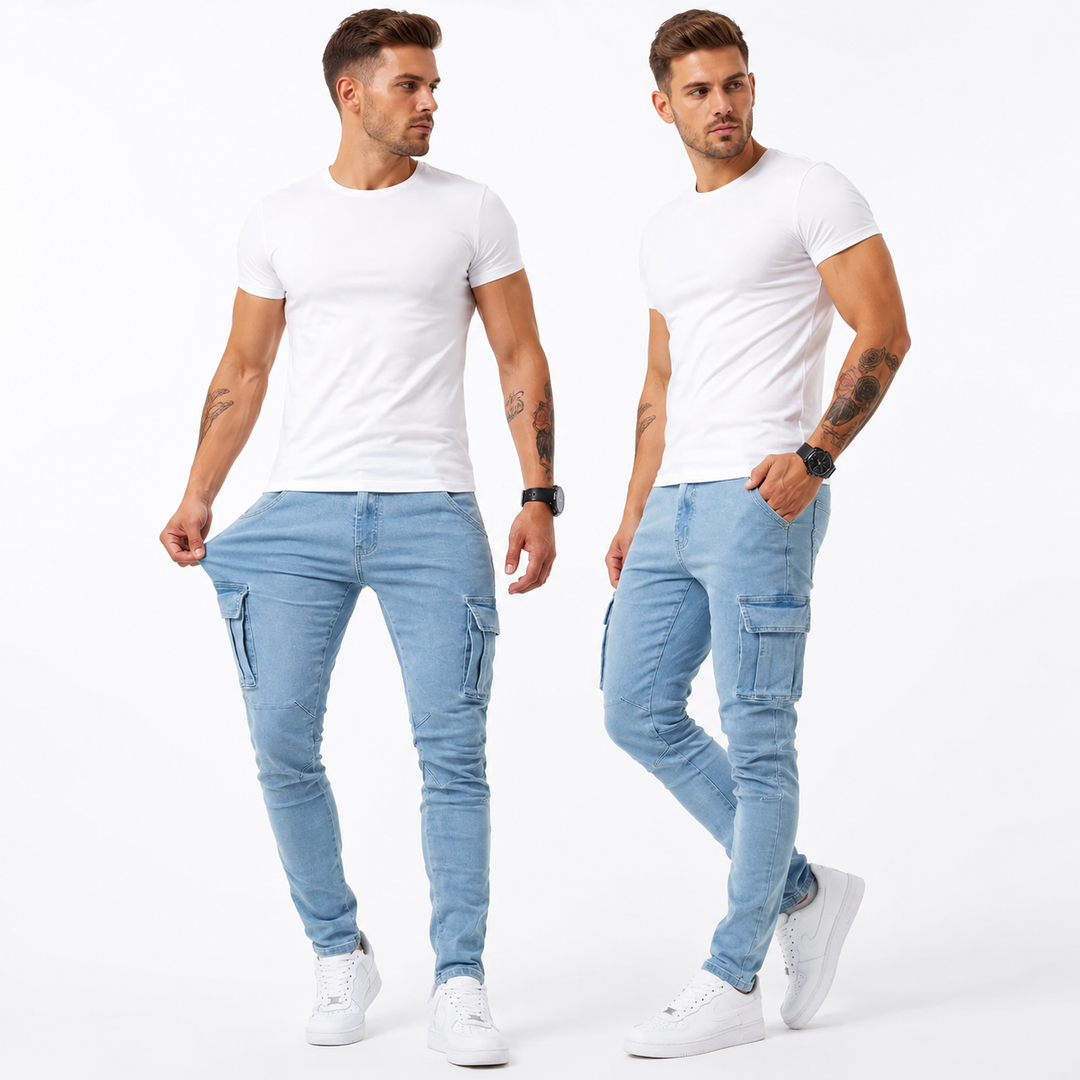 Two men wearing white t-shirts and light blue jeans on a white background