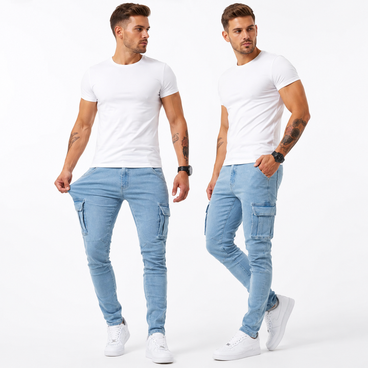 Two men wearing white t-shirts and light blue jeans on a white background