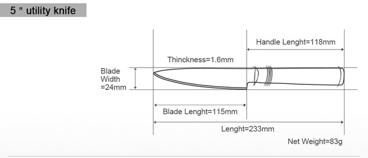 Technical drawing of a 5-inch utility knife with dimensions labeled