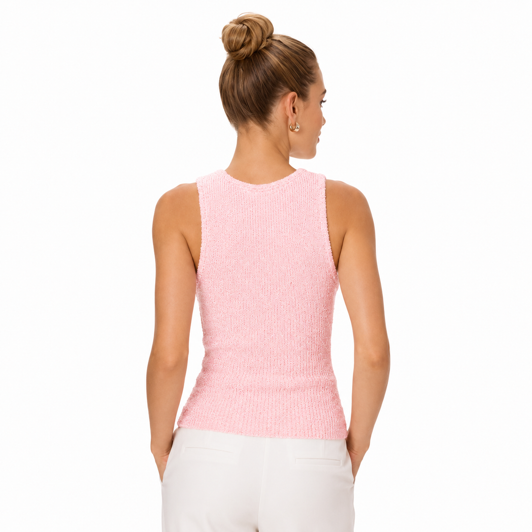 Pink sleeveless pullover tank top for women styled with a simple neckline, figure-flattering fit, and casual outfit use now!.