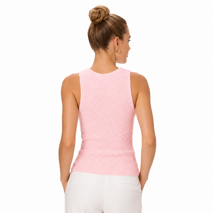 Pink sleeveless pullover tank top for women styled with a simple neckline, figure-flattering fit, and casual outfit use now!.
