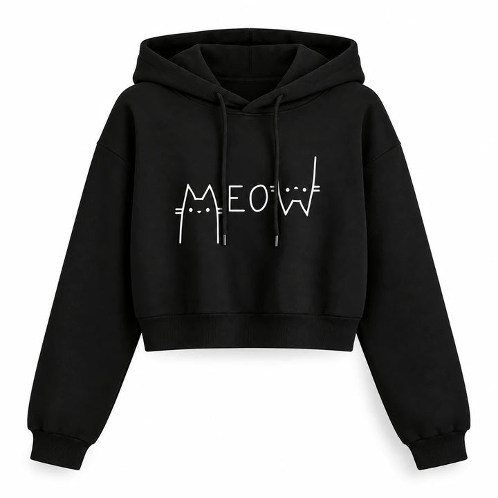 Cat cropped hoodie in black, shown from the front on white with a Meow cat graphic, drawstring hood, and long ribbed sleeves.