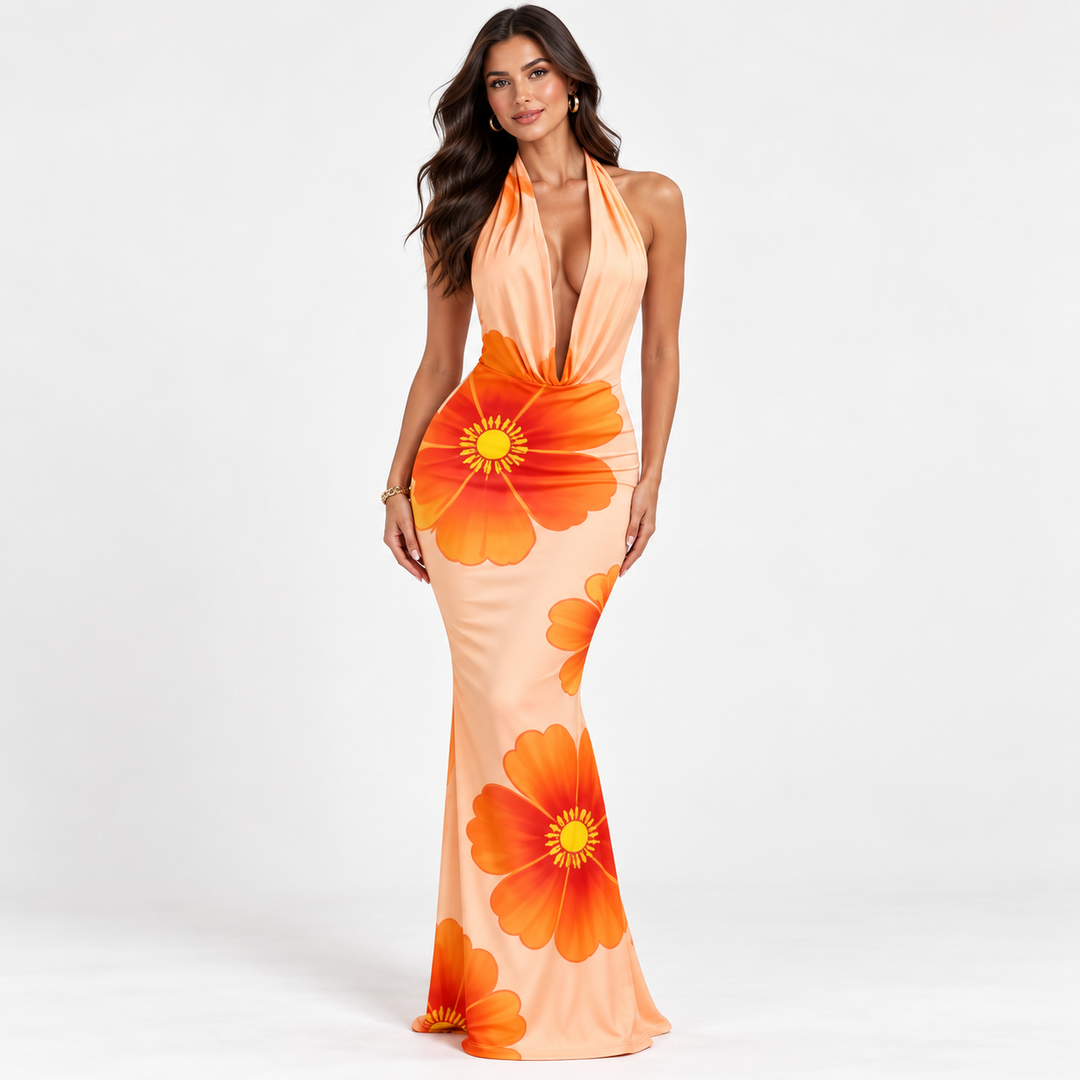 Women's floral halter neck maxi dress front view