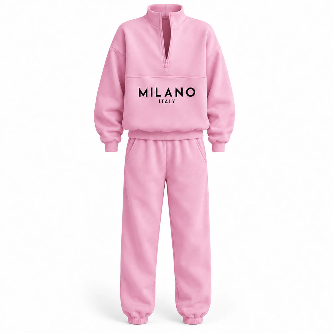 Pink half zip sweatshirt and matching joggers with MILANO ITALY print, front product view