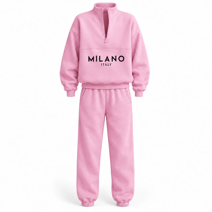 Pink half zip sweatshirt and matching joggers with MILANO ITALY print, front product view