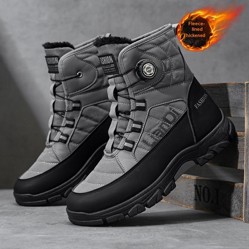 Original image: Pair of black dial fastened boots with cable lacing in a gray studio shown with the footwear details visible.