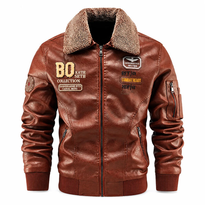 Front view of the Brown zip-up jacket showing chest lettering, detachable collar, sleeve pocket and ribbed hem.