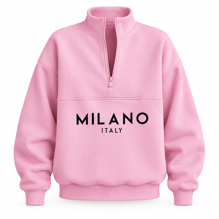 Front view of the pink stand collar sweatshirt with MILANO ITALY print and a half zip