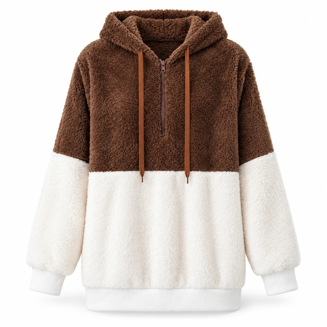 Coffee brown and ivory hooded sweater jacket with half-zip neckline, front view