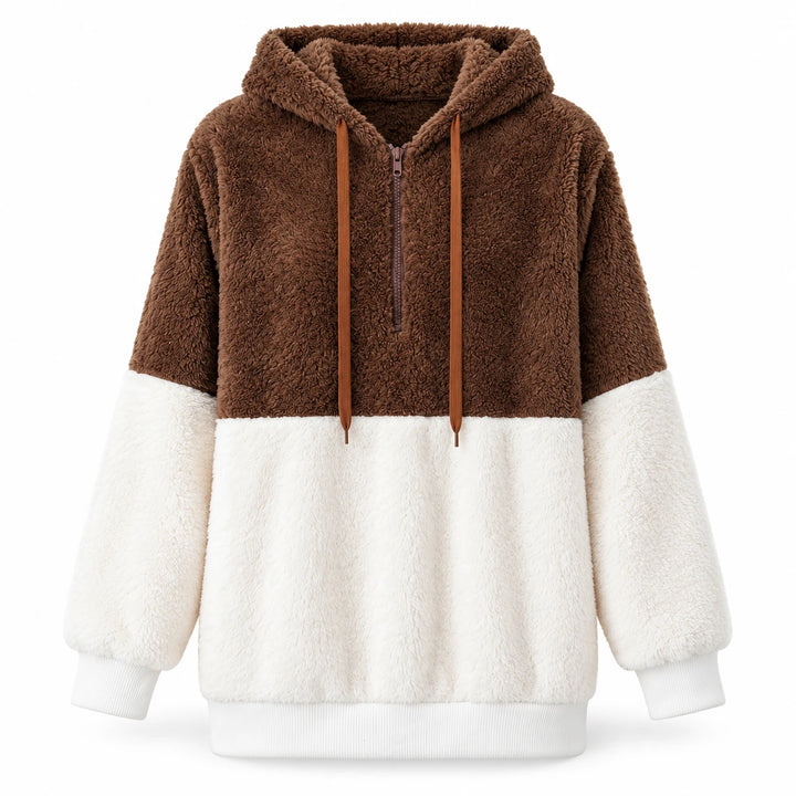 Coffee brown and ivory hooded sweater jacket with half-zip neckline, front view