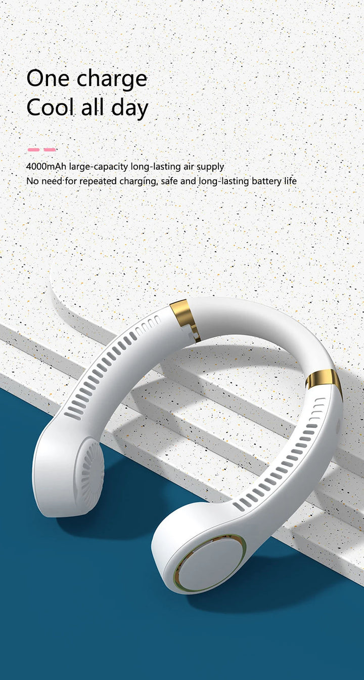 White headphones with gold accents on a textured surface with promotional text about battery life.