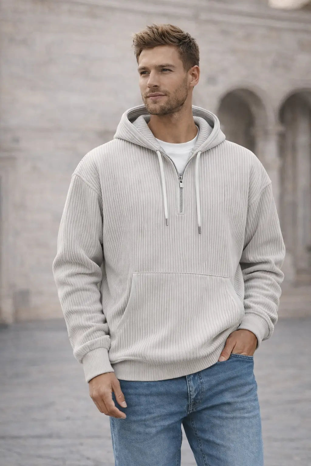 men corduroy hoodie navy blue pullover relaxed premium look