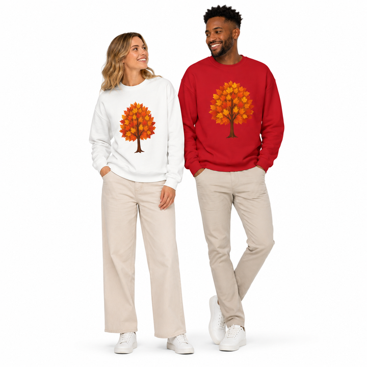 Unisex fall sweatshirt styled for a casual autumn outfit with jeans, warm seasonal colors and an easy relaxed silhouette fit.