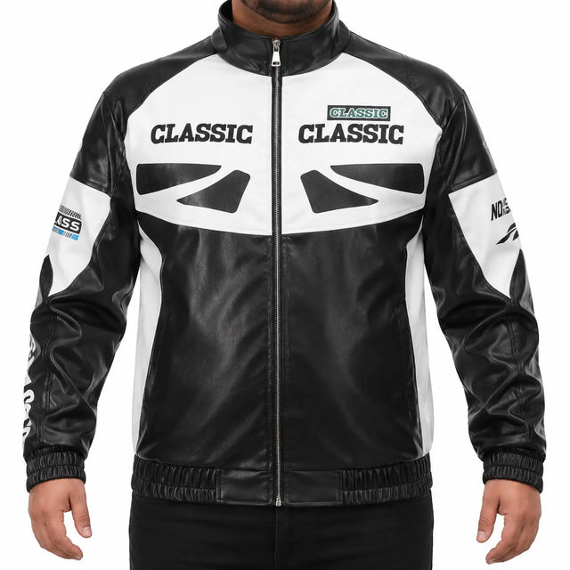 Men's moto jacket in Black with colorblock panels, full front zipper, high stand collar, printed graphic details, cuffs, hem.