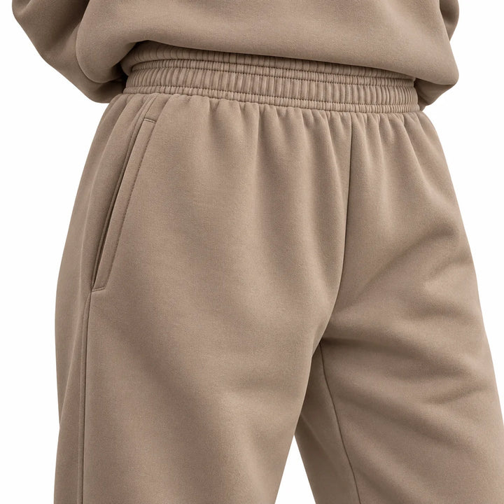Camel joggers showing the elasticated waistband and side pocket detail