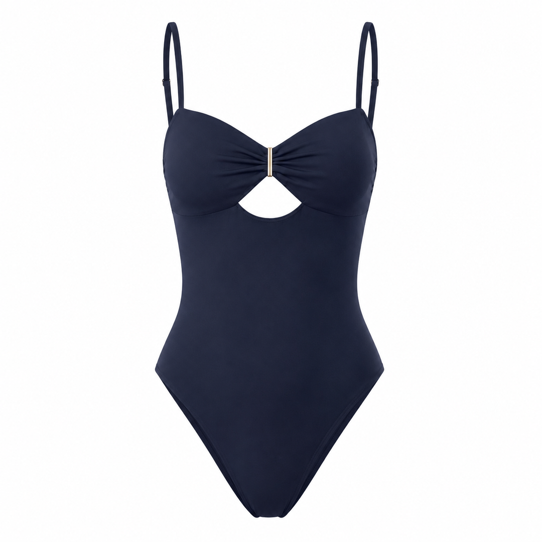 Navy sweetheart-neck cutout bodysuit front, showing adjustable straps, ruched bust, center detail and curved cutout on white.