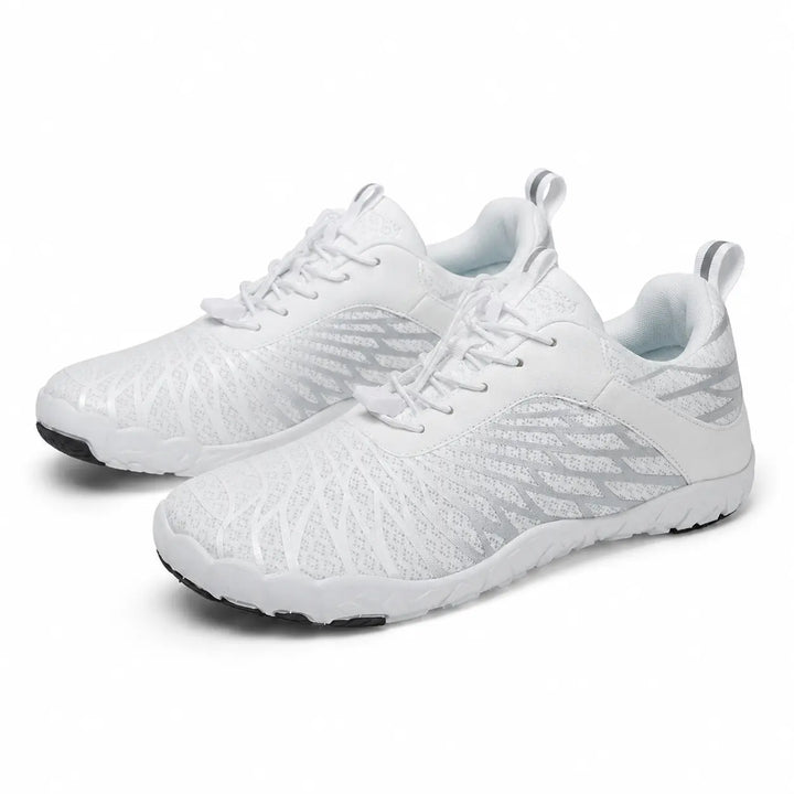 White and gray unisex slip-on hiking shoes with mesh uppers and low-cut styling, displayed as one pair on a white background.