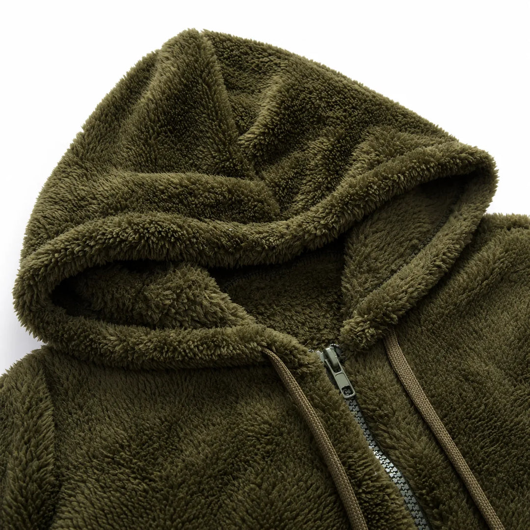 Olive green fleece hood, half zipper and flat drawstrings on women&